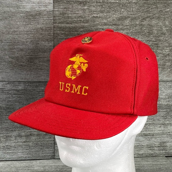 VTG USMC Marines USA Made Adjustable Snap Back Trucker Hat Embroidered Logo Red - Picture 3 of 14